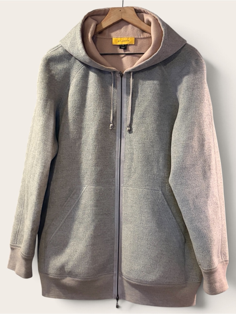 St John Angora Wool Cashmere Hooded Jacket Gray Pink Size 16 Quiet Luxury